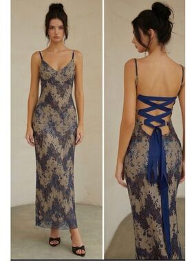 Commense Semi-Sheer Lace Midnight Garden Romance Lace Up Maxi Slip Blue Dress S